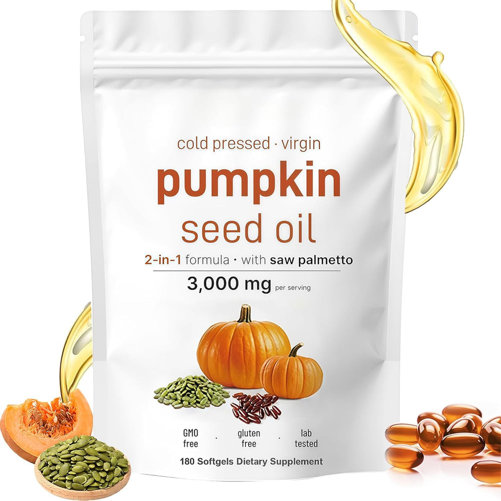 HWAXIGO pumpkin seed oil bottle packaging highlights premium cold-pressed blend for daily wellness.