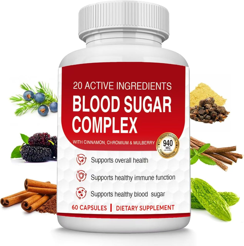 HWMS Blood Sugar Complex bottle front showing natural ingredients and 60 capsules for daily use.