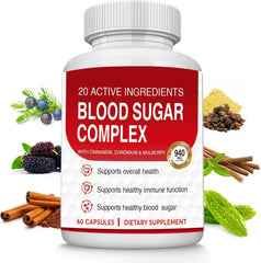 HWMS Blood Sugar Complex bottle front showing natural ingredients and 60 capsules for daily use.