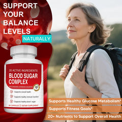 HWMS Blood Sugar Complex capsules close-up highlighting easy-to-swallow design.