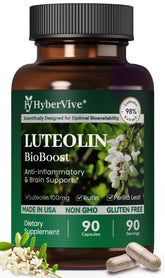 HyberVive Luteolin bottle label highlights high-purity luteolin formulation for quality.