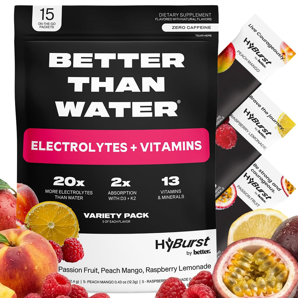Hyburst electrolyte tropical variety pack bottle close-up for on-the-go hydration.