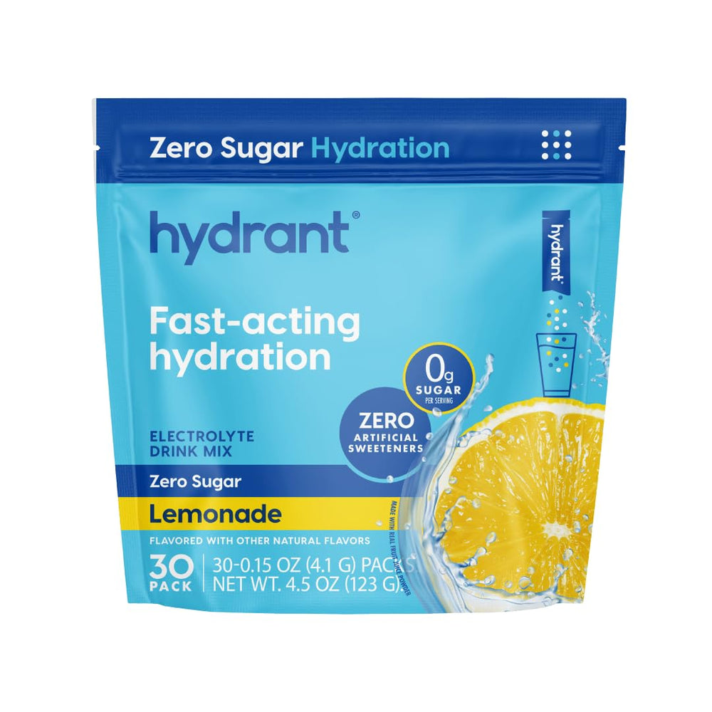HYDRANT Hydrate lemonade stick-pack closeup for on-the-go hydration.