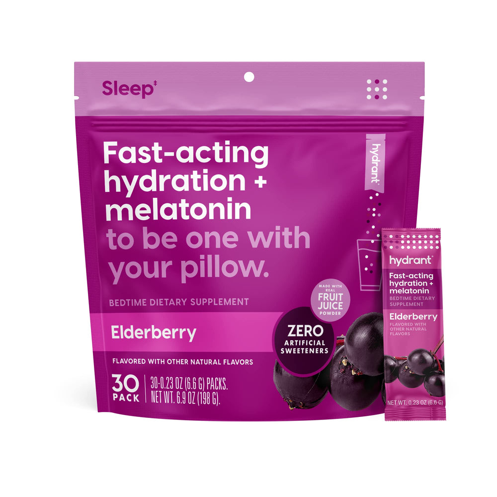 HYDRANT sleep electrolyte powder with elderberry flavor sachet for bedtime hydration.