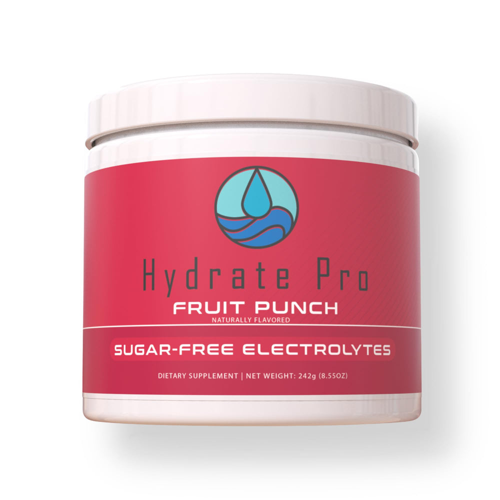 Hydrate Pro electrolyte powder tub close-up for quick hydration support.