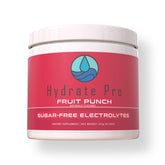 Hydrate Pro electrolyte powder tub close-up for quick hydration support.