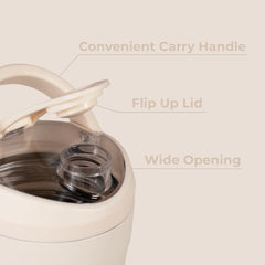 HydroJug 24 oz shaker features leakproof flip-up lid for spill-free transport.