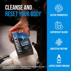Probiotics and enzymes with Hydroxycut Hardcore Cleanse packaging for digestive balance