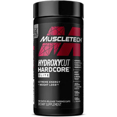 Hydroxycut Hardcore Elite bottle front shows premium packaging for energy and focus.