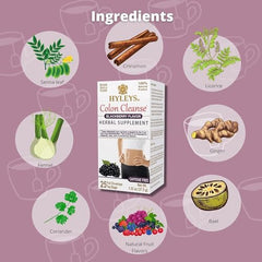HYLEYS Colon Cleanse Tea Blackberry box highlights caffeine-free herbal blend