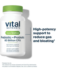 Ingredient panel of Hyperbiotics Vital Nutrients highlighting five probiotic strains and 100 mg FOS.