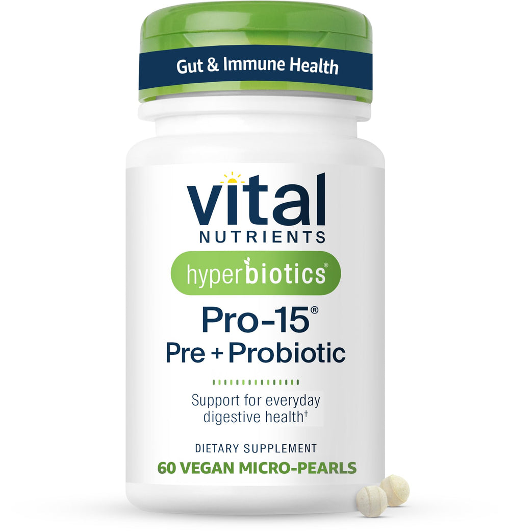Hyperbiotics Vital Nutrients Pro-15 bottle front view for daily gut support.