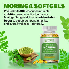 Close-up of HZZYPLANT moringa softgel capsules emphasizing liquid-filled form