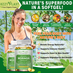 HZZYPLANT Moringa softgel serving size displayed on bottle for 2-month supply