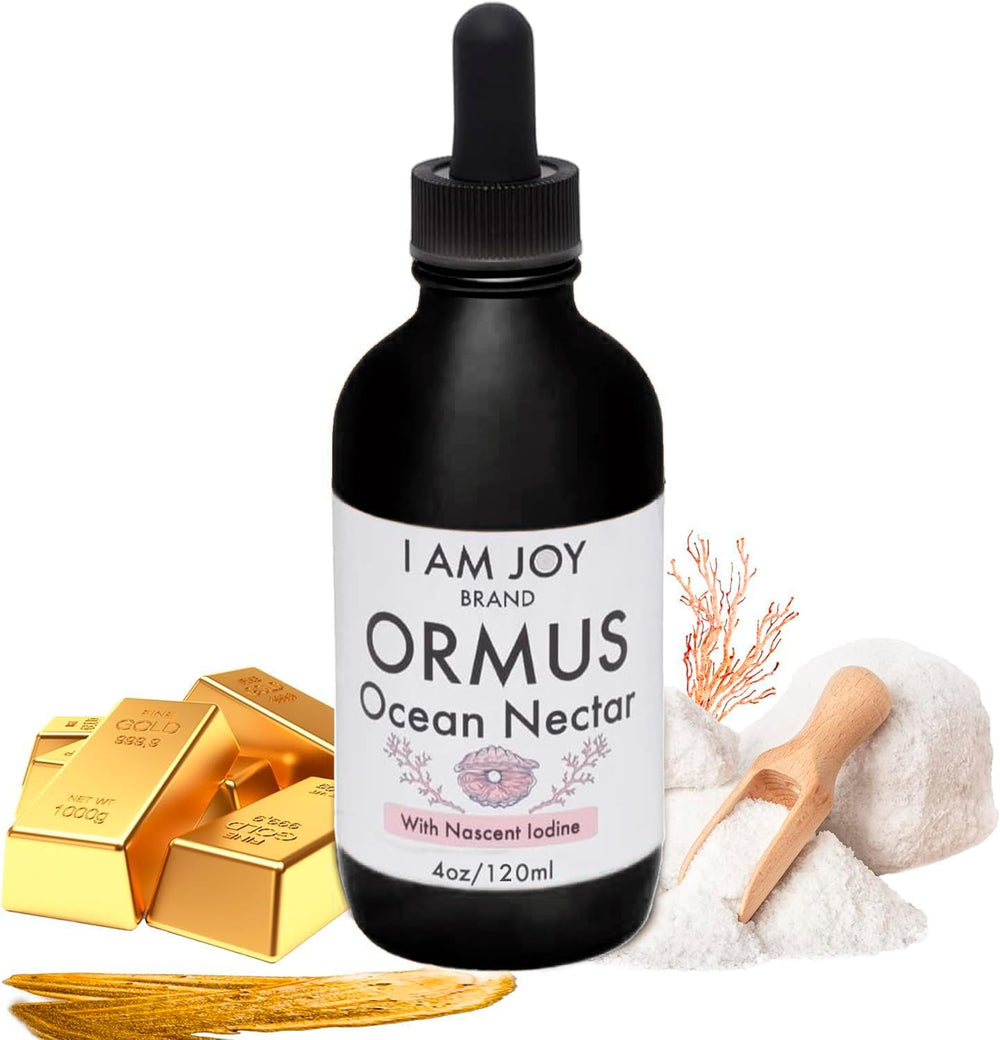 I Am Joy co. Ormus Ocean Nectar bottle shows the gold-infused formula for focused energy.