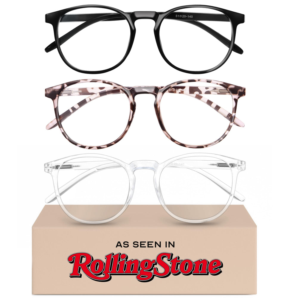 IBOANN chic blue light glasses for women with round frames; three-pack for screen-time comfort.