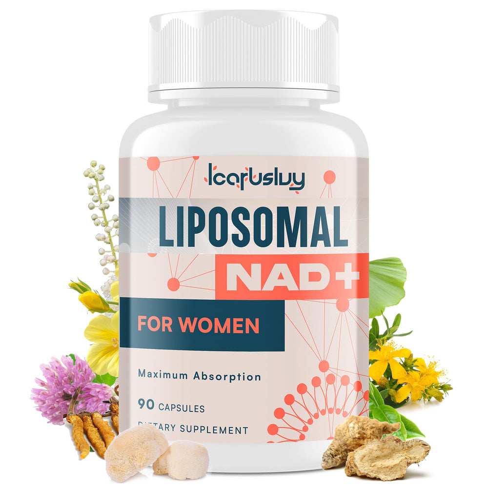 IcarusIvy liposomal NAD+ bottle shown for energy support.