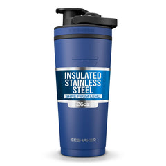 Ice Shaker 26oz navy bottle with twist-on agitator for smooth, lump-free shakes.