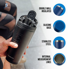 Close-up of Ice Shaker twist-on agitator blending powder quietly.