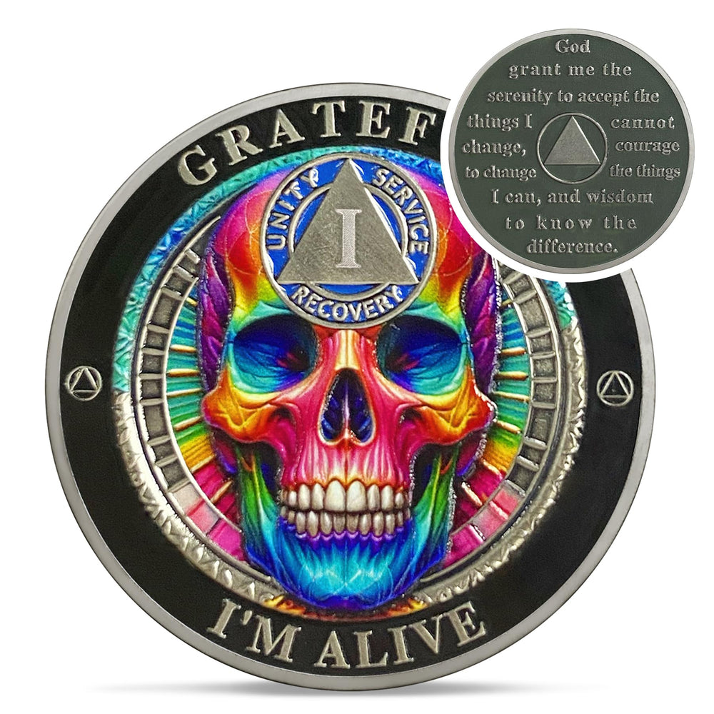 IELCJJ Rainbow Skull sobriety coin front—vibrant design for daily motivation and gratitude reminders.
