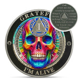 IELCJJ Rainbow Skull sobriety coin front—vibrant design for daily motivation and gratitude reminders.