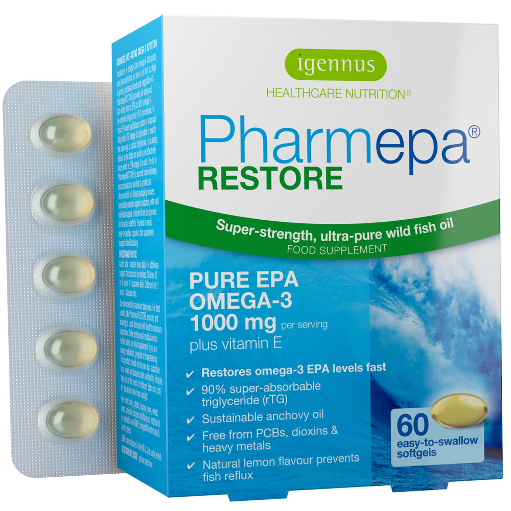 Igennus Pharmepa Restore lemon softgel bottle highlighting daily omega-3 intake