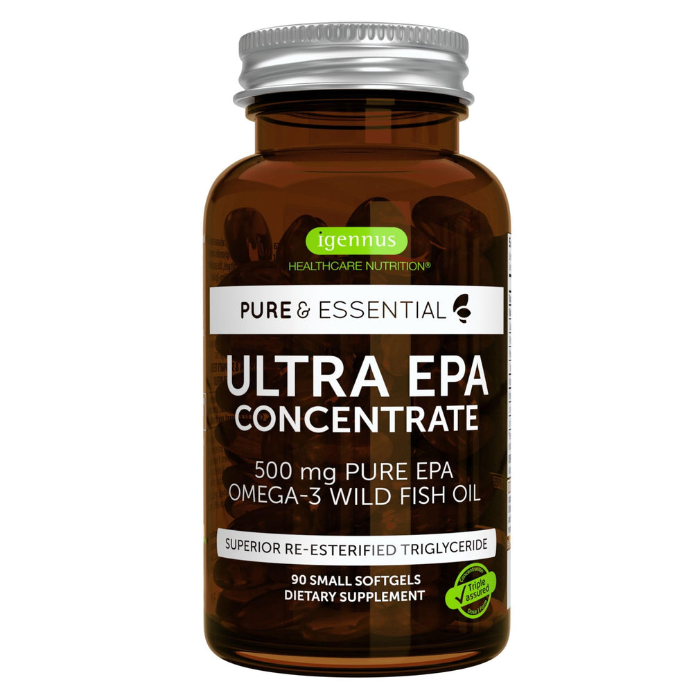 Igennus Ultra Pure Omega-3 EPA 500mg bottle shown for easy daily dosing.