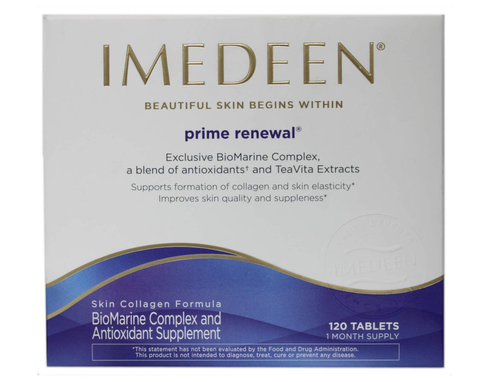 Imedeen Prime Renewal bottle closeup for daily skin support and a 90-day regimen.