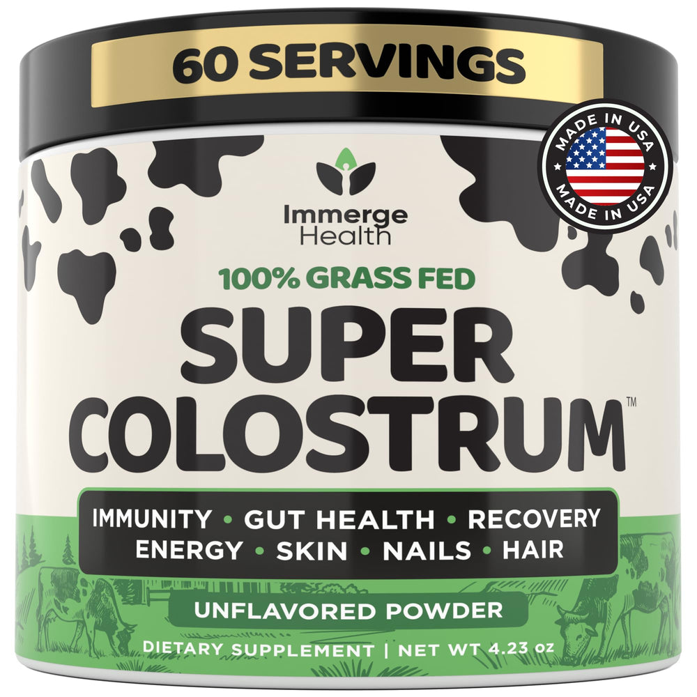 ImmergeHealth Super Colostrum bottle showing grass-fed formula for gut support