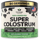 ImmergeHealth Super Colostrum bottle showing grass-fed formula for gut support