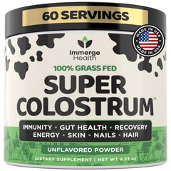 ImmergeHealth Super Colostrum bottle showing grass-fed formula for gut support