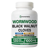 Immortal Herbs wormwood black walnut clove cleanse bottle showing the 7-in-1 formula for daily wellness.
