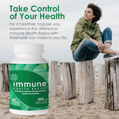 Immune Health Basics Wellmune beta glucan label highlights a gluten-free, vegan formula.