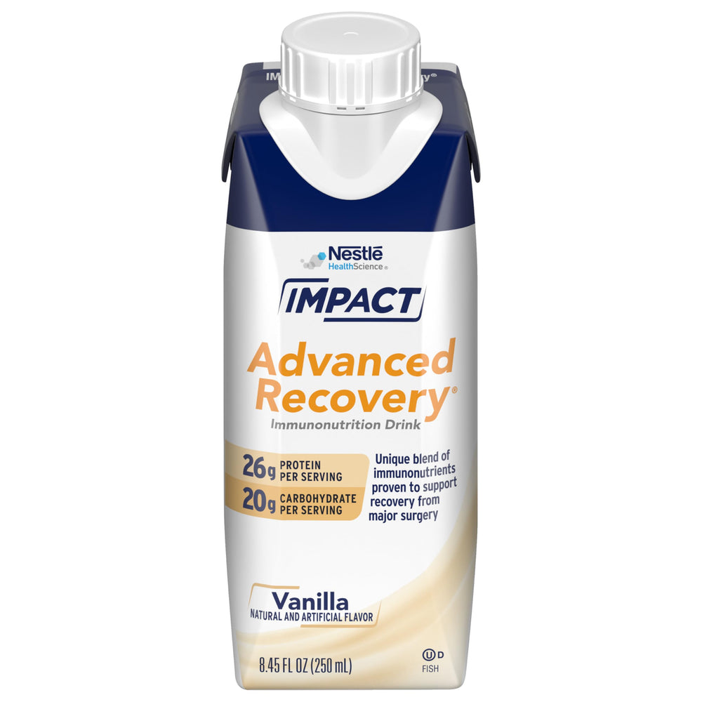Impact Advanced Recovery Drink vanilla bottle ready for post-surgery nutrition support.