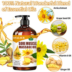 INALIER Arnica Ginger oil blend close-up highlights natural ingredients for muscle care.