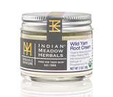 Indian Meadow Herbals Wild Yam Root Cream jar shows a soothing herbal moisturizer for PMS comfort.