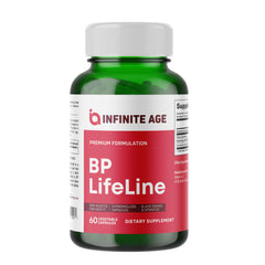 INFINITE AGE BP Lifeline bottle shows grapeseed capsules for heart support.