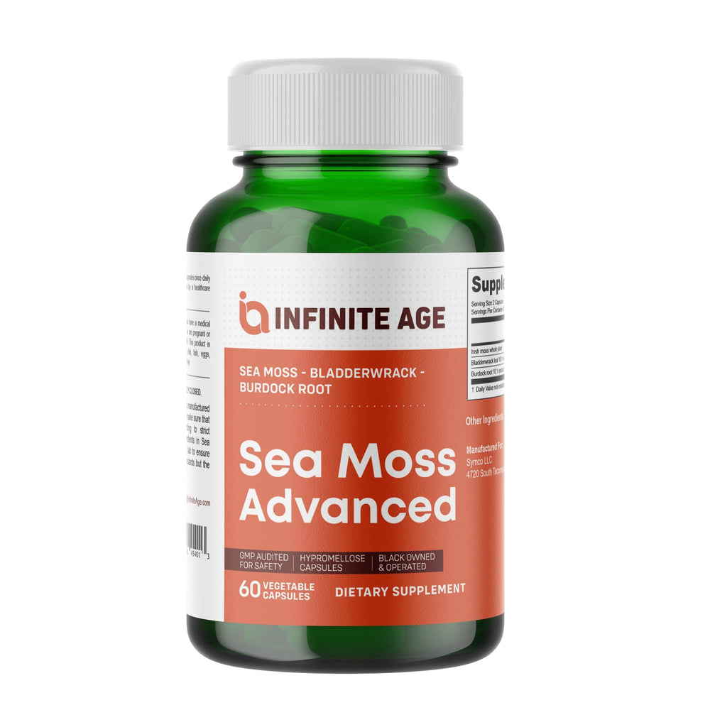 Infinite Age sea moss capsules bottle pour for easy daily wellness.