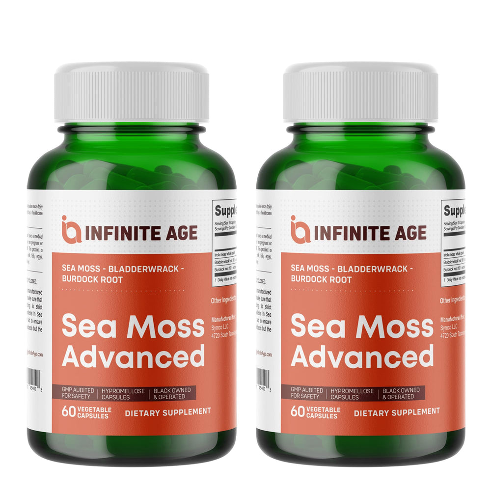 INFINITE AGE two-pack bottle showcases premium sea moss capsules for daily wellness.