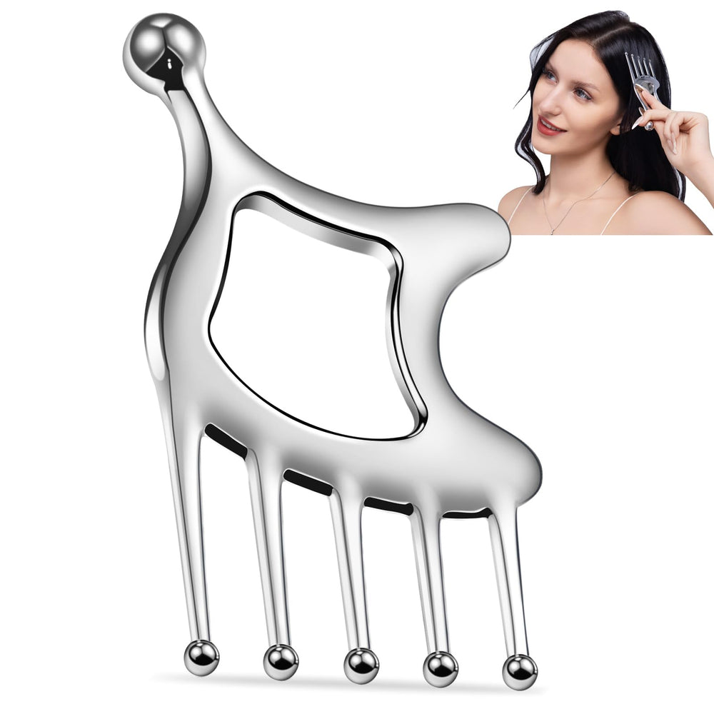InfiniteRelax metal gua sha scalp tool delivering fingertip-like pressure for a soothing scalp massage.