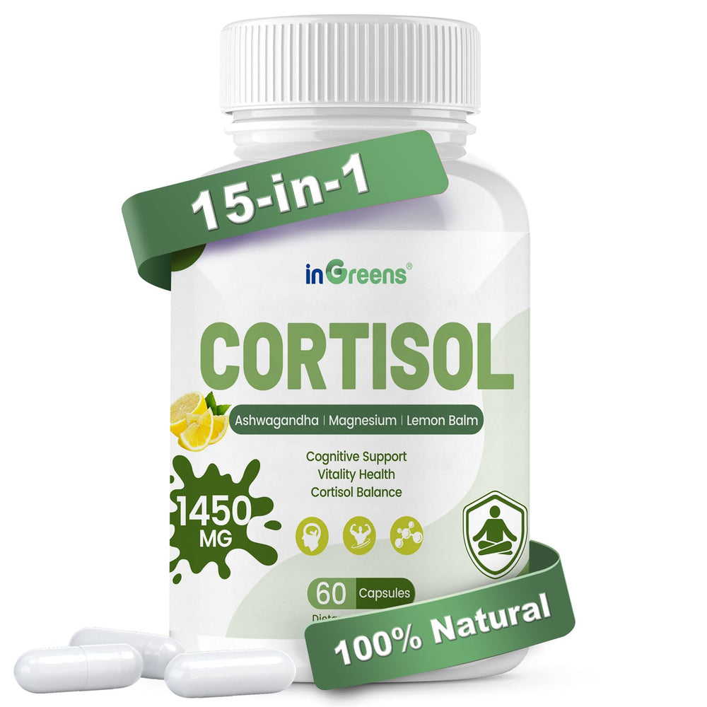 inGreens cortisol supplement bottle promoting daily balance and relaxed focus.