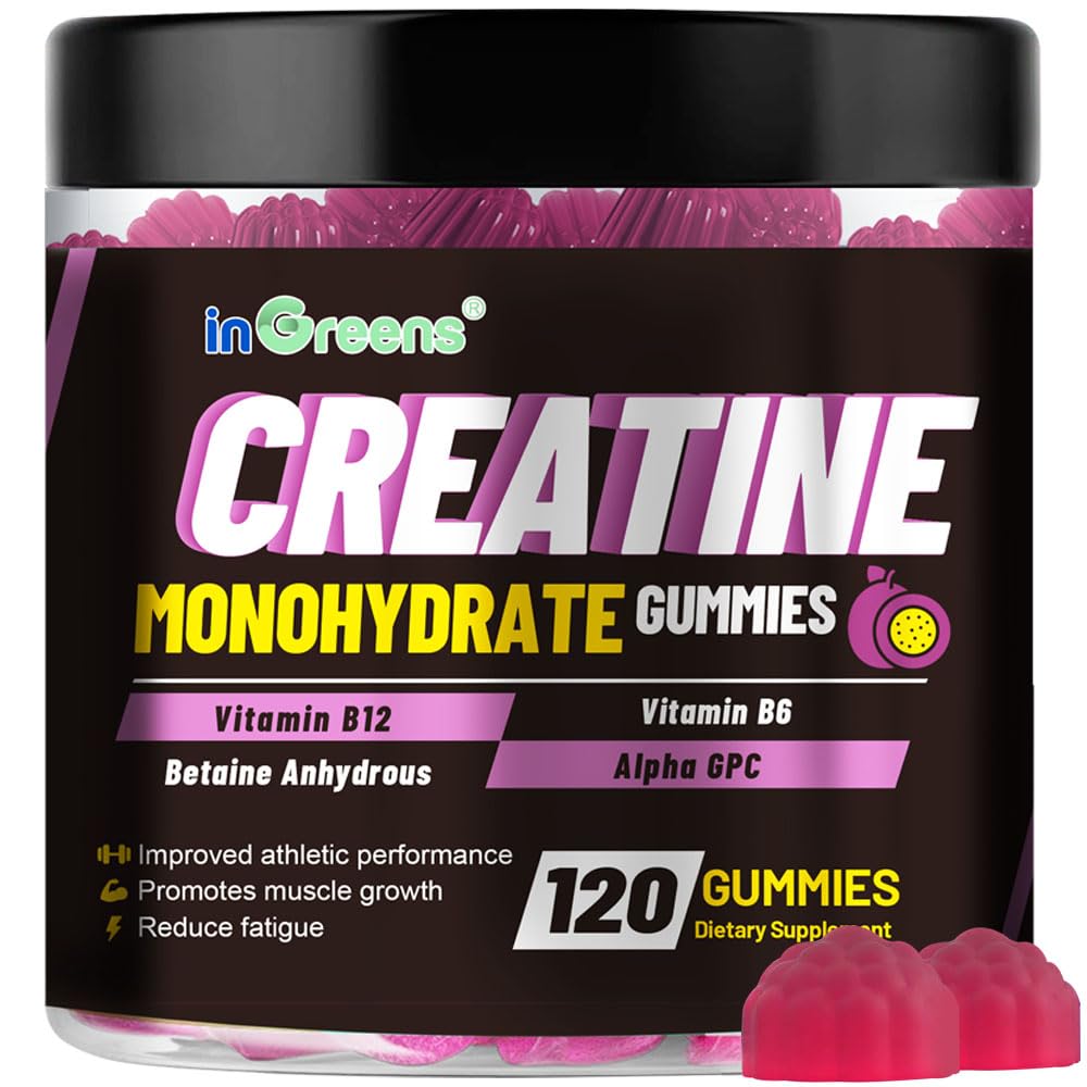 inGreens Creatine Monohydrate Gummies jar shown for convenient pre and post workout support
