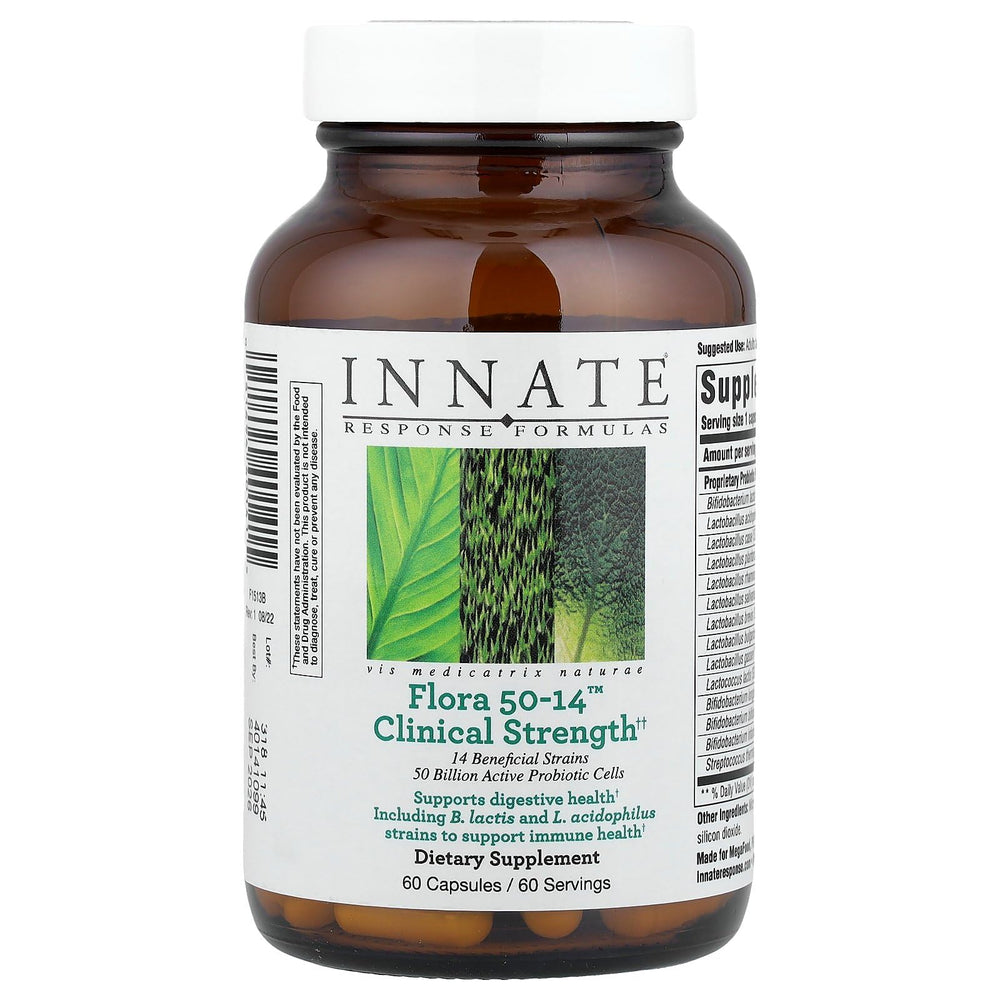 Innate Response Formulas Flora 50-14 bottle showcases clinical strength probiotic formula for daily gut balance.