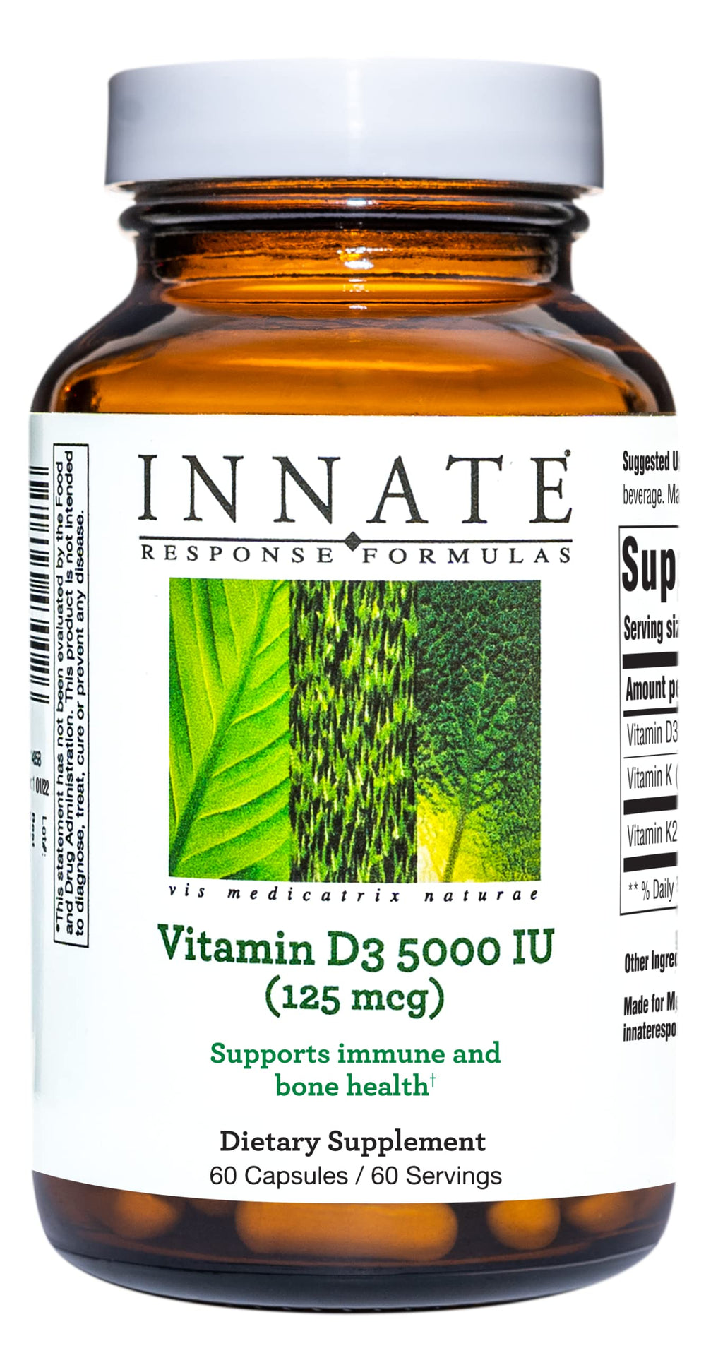 Innate Response Formulas Vitamin D3 bottle label highlighting vegetarian formula for immune and bone support