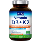 Innate Vitality D3 K2 softgels bottle shows high potency formula for bone health support