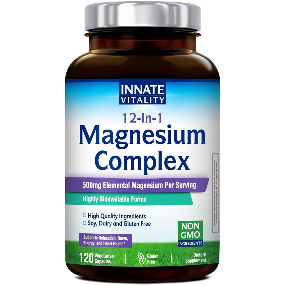 Innate Vitality 12-in-1 magnesium bottle front offers a complete daily wellness supplement