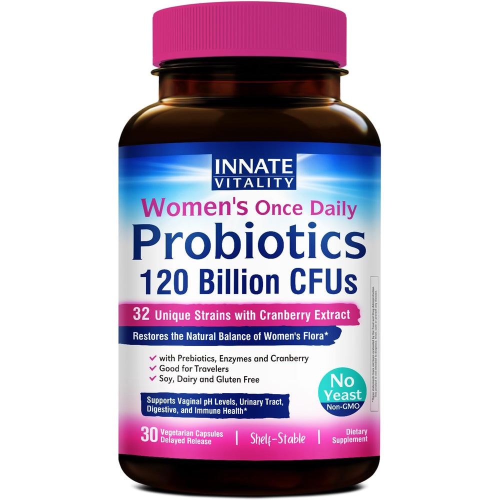 Innate Vitality women's probiotics bottle supports daily gut balance with convenient once-daily use.
