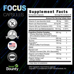 Closeup of Inner Bounty Focus capsules showcasing filler-free formulation