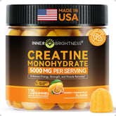Inner Brightness Creatine Gummies bottle shows 5000mg dose for quick workout support.