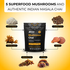 Five-mushroom blend closeup featuring Lion's Mane and Cordyceps for focus